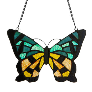 Green & Amber Butterfly Stained Glass Window Panel