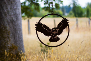 Swooping Barn Owl Hanging Ring - Metal Garden Yard Home Art