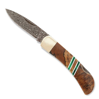 Spalted Beech Damascus 3" Lockback Knife w Malachite Inlay